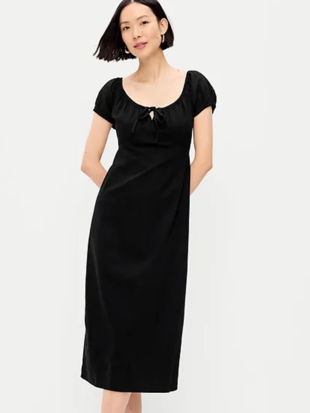 Old Navy Black Puff-Sleeve Midi Dress with Tie Front